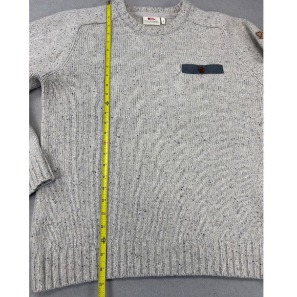 Men's Fjallraven Lada Round Crew Neck Sweater Large Beige Lambswool Pocket Logo - Picture 7 of 10